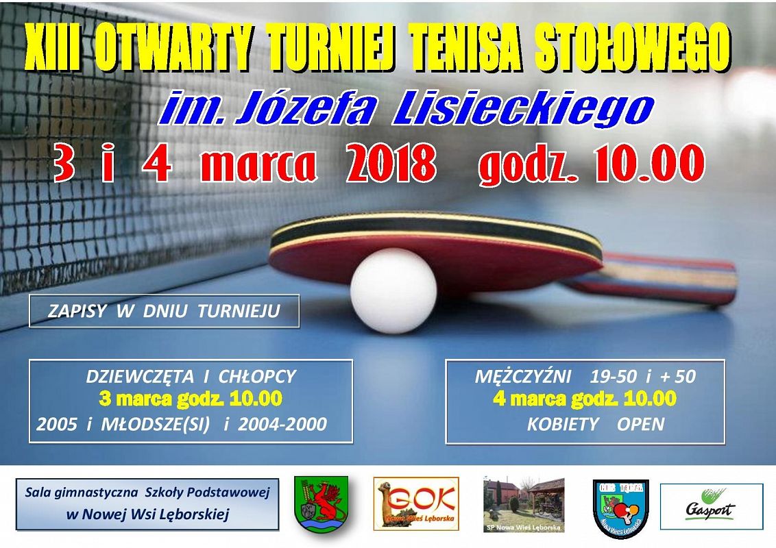 Grafika 1: ZAPRASZAMY NA  13 OTWARTY TURNIEJ TENISA STOŁOWEGO  im. Józefa Lisieckiego
