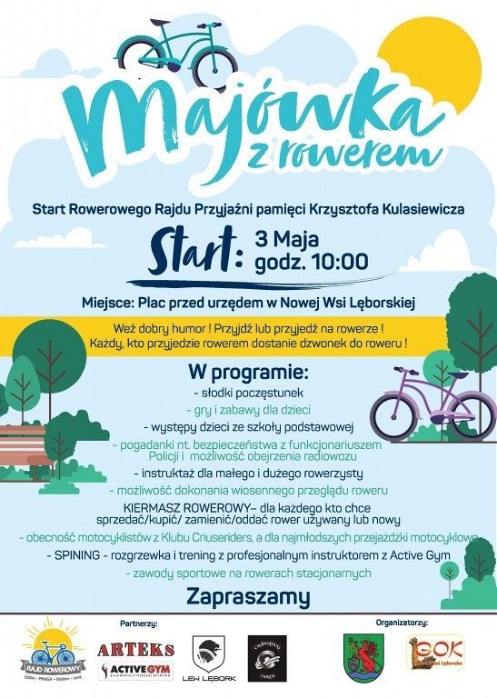 Grafika 1: Majówka z rowerem w Nowej Wsi Lęborskiej - 3 maja, godz. 10:00 na placu przed urzędem.