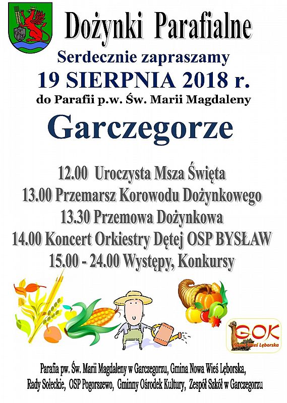 Grafika 1: Zapraszamy na Dożynki Parafialne w Garczegorzu