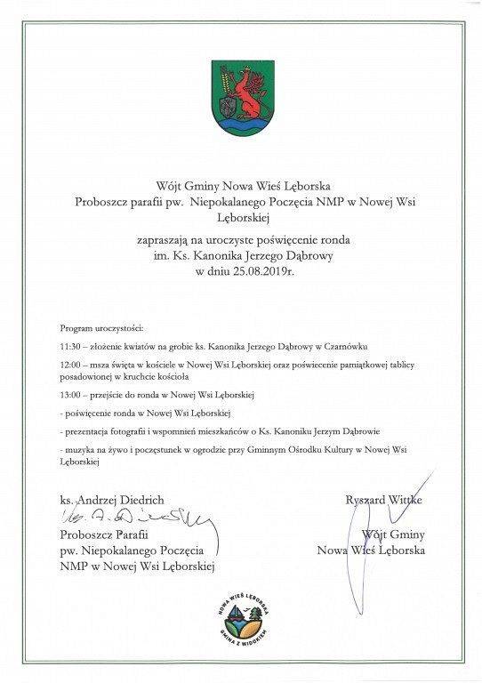 Grafika 1: Zaproszenie na poświęcenie ronda w Nowej Wsi Lęborskiej