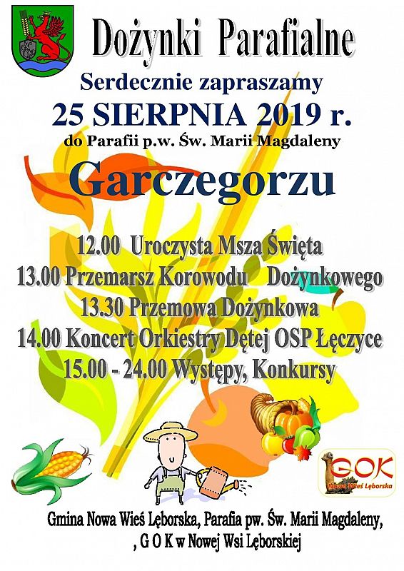 Grafika 1: Zapraszamy na Dożynki Parafialne w Garczegorzu