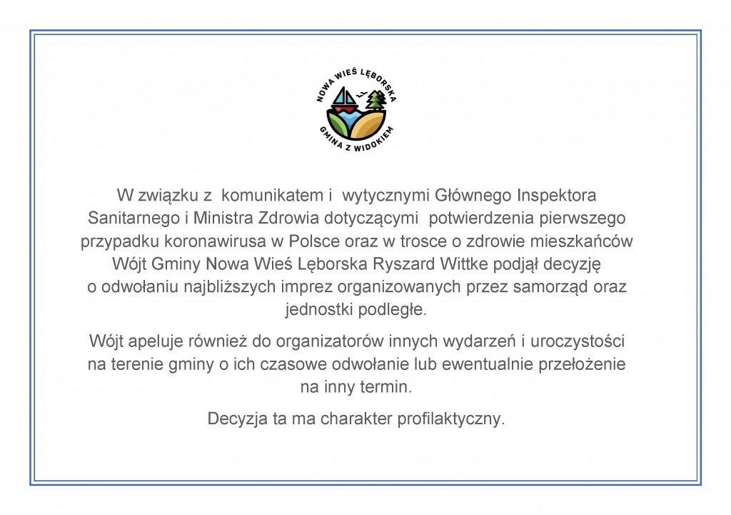 Grafika 1: Komunikat - odwołanie najbliższych wydarzeń kulturalno sportowych.