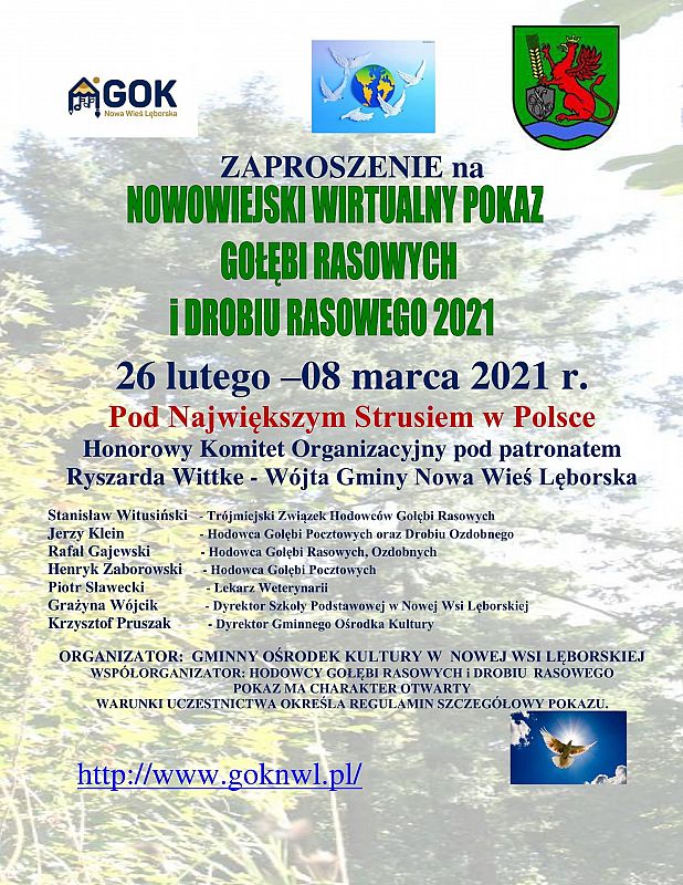 Grafika 1: Zaproszenie na Nowowiejski Wirtualny Pokaz Gołębi rasowych i Drobiu Rasowego 2021