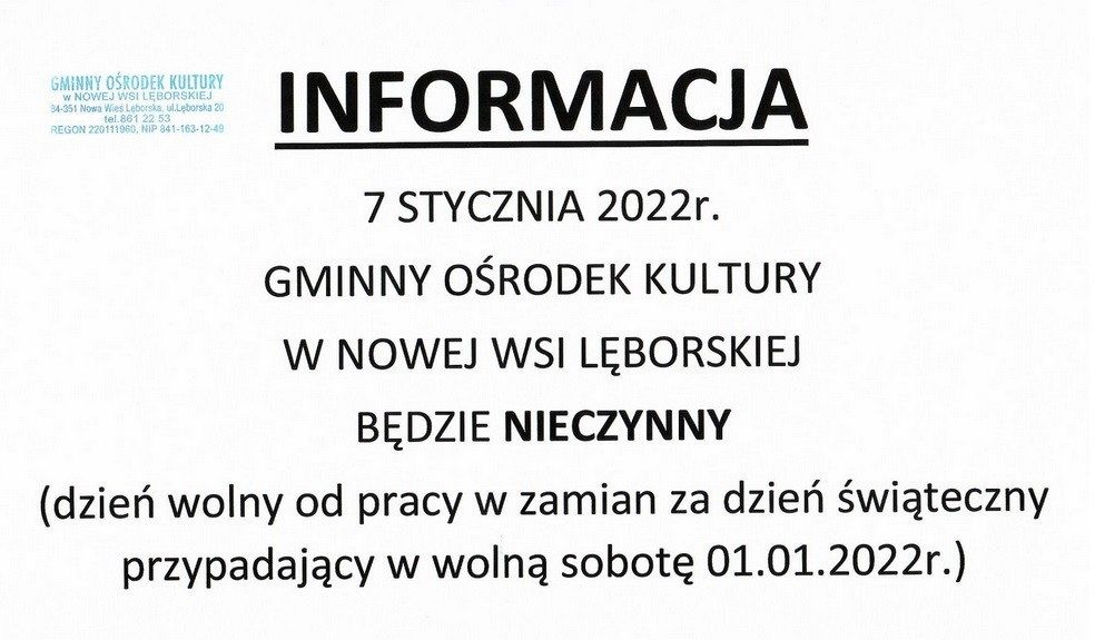 Grafika 1: Informacja - 7 stycznia GOK bedzie nieczynny