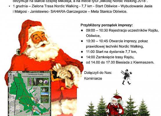 Grafika 8: Pierwszego  grudnia zapraszamy na VI Mikołajowy  Nordic Walking  Nowa Wieś Lęborska w Obliwicach ;  7,7 km ; czas przejścia ok. 1 godz. 20min.