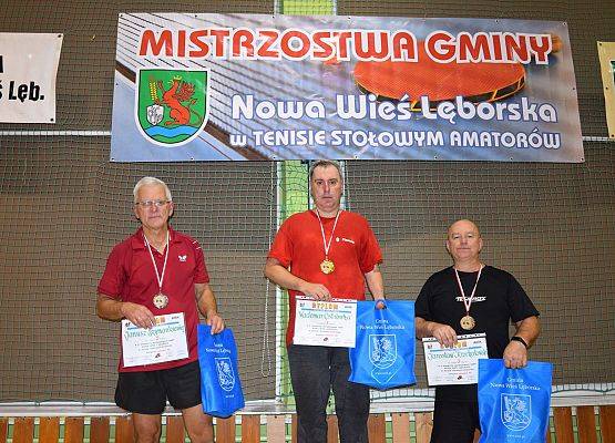 Grafika 3: Krzysztof Kałużny i Waldemar Ostrówka mistrzami Gminy Nowa Wieś Lęborska w tenisie stołowym na rok 2019.