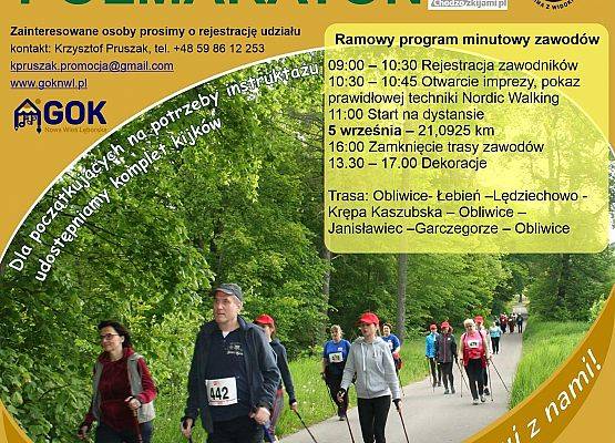 Grafika 5: Nordic Walking Park Nowa Wieś Lęborska 5 września Półmaraton ; 21,0925 km ; Limit czasu   5 godz.   Połączenie trzech tras (czarnej, czerwonej i zielonej)