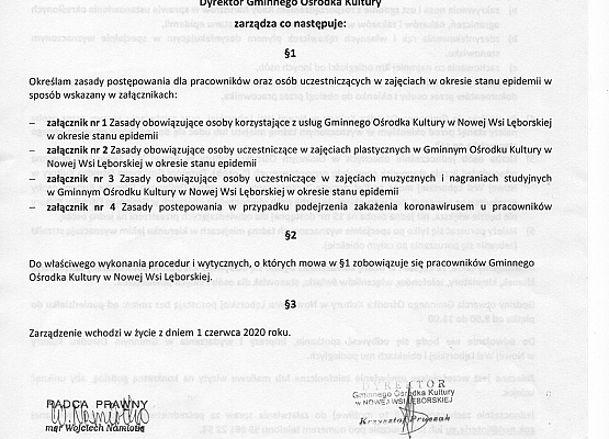 Grafika 1: Zarządzenie 5/2020 Dyrektora Gminnego Ośrodka Kultury w Nowej Wsi Lęborskiej