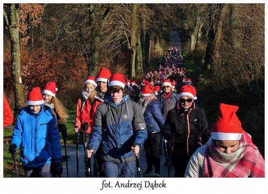 Grafika 1: Pierwszego  grudnia zapraszamy na VI Mikołajowy  Nordic Walking  Nowa Wieś Lęborska w Obliwicach ;  7,7 km ; czas przejścia ok. 1 godz. 20min.
