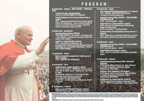 Papież Jan Paweł II z podniesioną ręką na tle pielgrzymów. Obok tytuł i program wydarzenia. grafika
