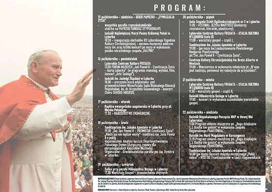 Papież Jan Paweł II z podniesioną ręką na tle pielgrzymów. Obok tytuł i program wydarzenia. grafika