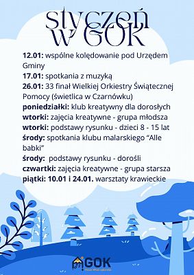 Terminarz zajęć odbywających się w styczniu.