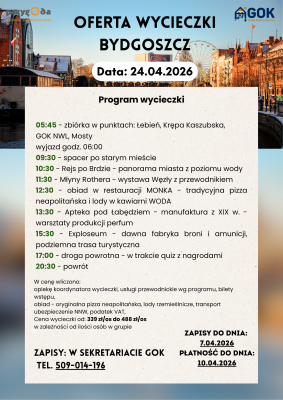 Przedłużamy zapisy na wycieczkę do Bydoszczy, zapisz się już dziś! :) grafika